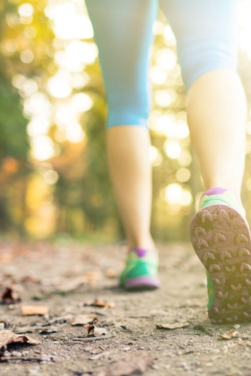 Woman walking and hiking in autumn forest, sport shoes. Jogging, trekking or training outside in autumn nature. Inspiring health and fitness concept.